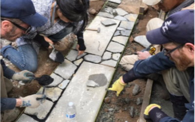 Shogetsu-an: The volunteers got hands-on experience creating this nobedan walkway in front of the tea house.